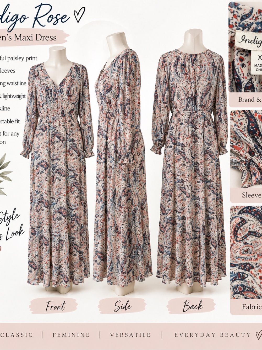 Indigo Rose Women's Paisley Maxi Dress - Blush & Navy